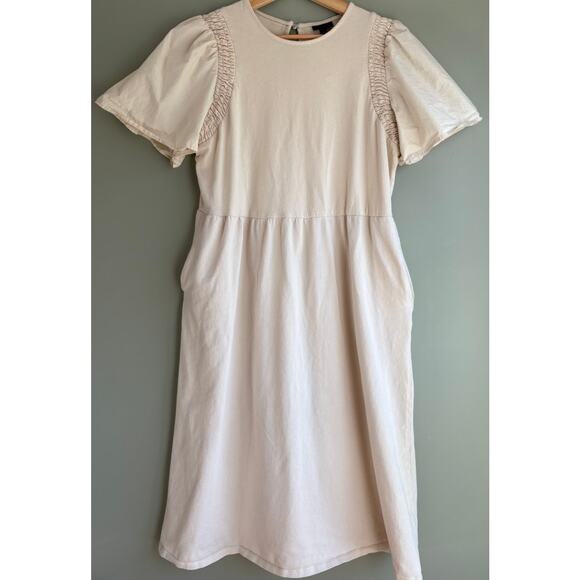 WHO WHAT WEAR Cotton Cream Midi Dress Puff Sleeves Minimal Cottagecore Modest L - Picture 1 of 9